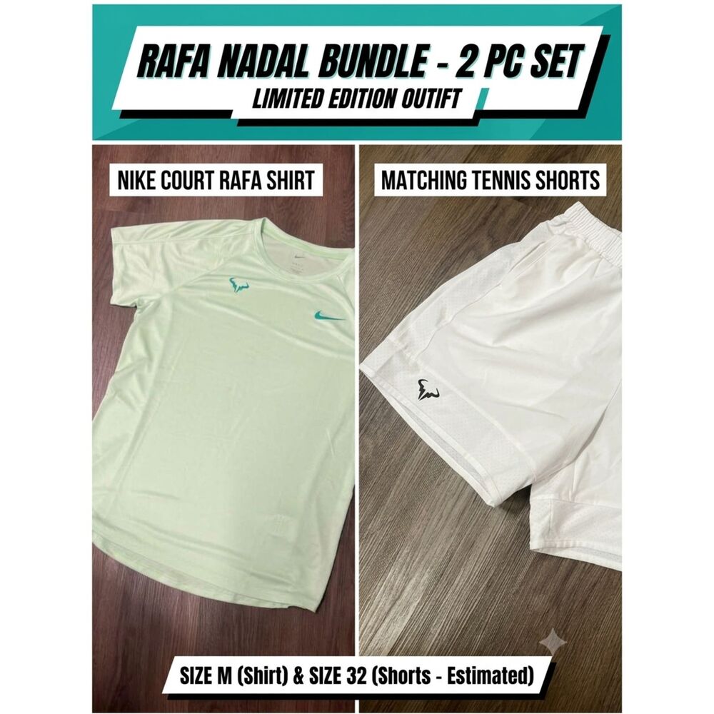 Nike Court Rafa Nadal Tennis Outfit Set L - Mint Green Shirt & White Pink Shorts